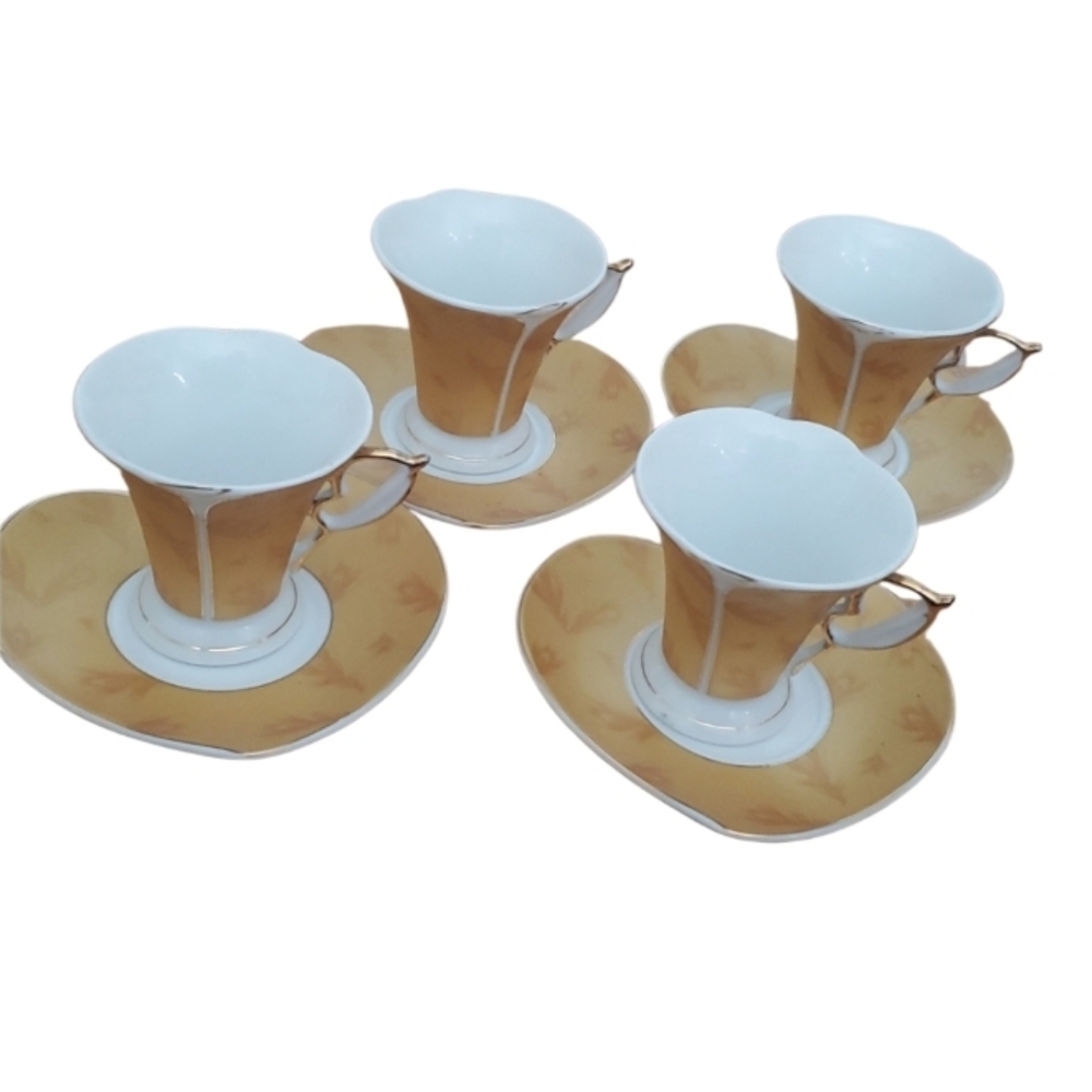GNA Vintage Fine Porcelain Gold Feather Peacock Expresso Demitasse Cups Set Of 4